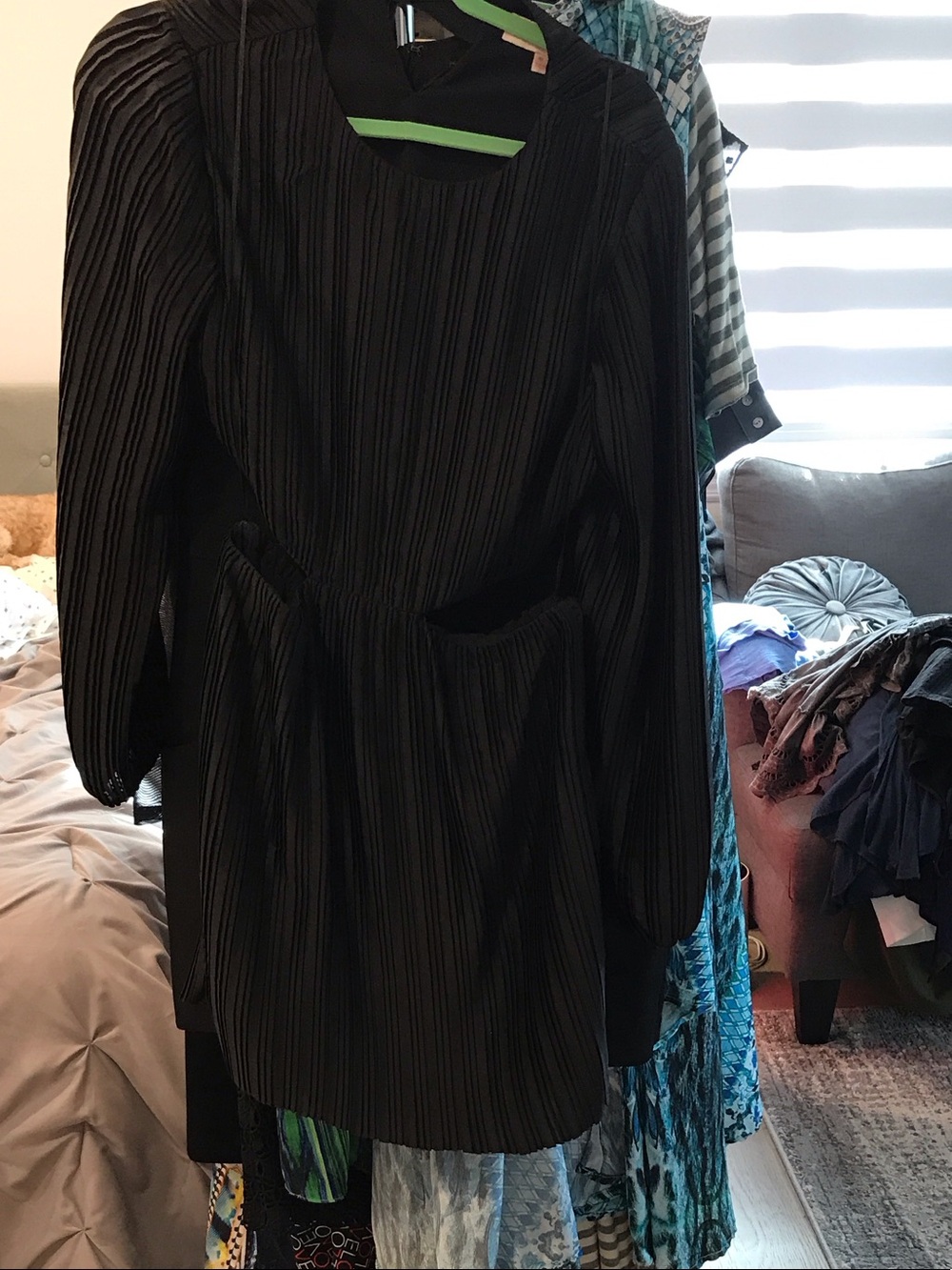 Leyden Black Pleated Long-Sleeve Dress